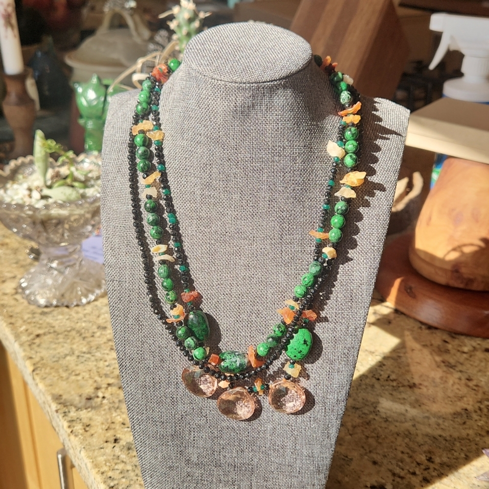 Artisan made Necklace by me. Triple Strand Maw Sit Sit with raw fire opal